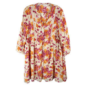 Raspy‎ Peach Large Blouse Floral Boho Crochet V Neck Button Down Top Pink 785
